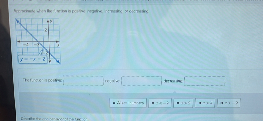 Approximate when the function is positive, negative, increasing, or decreasing.
The function is positive: =□°; negative: □°; decreasing: □ 
: All real numbers :: x :: x>2 :: x>4 :: x>-2
Describe the end behavior of the function.