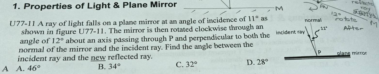 Properties of Light & Plane Mirror
U77-11 A ray of light falls on a plane mirror at an angle of incidence of 11° as
normal
shown in figure U77-11. The mirror is then rotated clockwise through an
angle of 12° about an axis passing through P and perpendicular to both the
normal of the mirror and the incident ray. Find the angle between the
incident ray and the new reflected ray.
A A. 46° B. 34°
C. 32° D. 28°