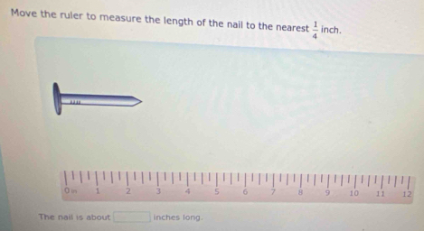 Move the ruler to measure the length of the nail to the nearest  1/4  inch. 
The nail is about □ inches long.