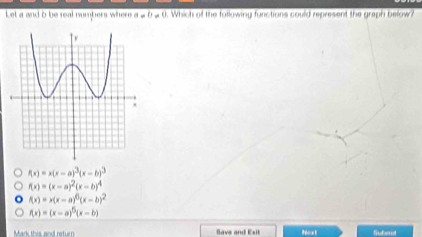 Let a and b be real numbers where a _  b« 0. Which of the following functions could represent the graph below?
f(x)=x(x-a)^3(x-b)^3
f(x)=(x-a)^2(x-b)^4
f(x)=x(x-a)^6(x-b)^2
f(x)=(x-a)^5(x-b)
Mark this and return Save and Exit Next Submit