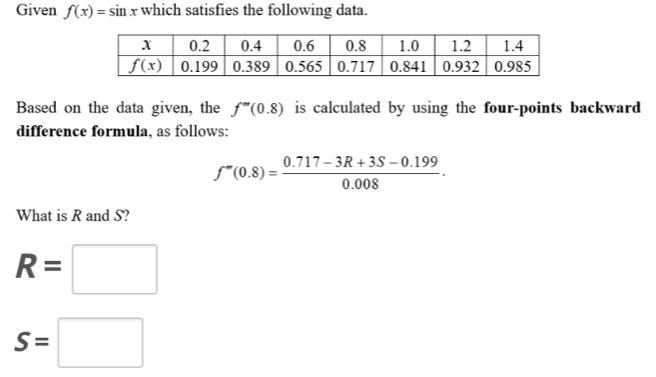 Given f(x)=sin x which satisfies the following data.
Based on the data given, the f''(0.8) is calculated by using the four-points backward
difference formula, as follows:
f''(0.8)= (0.717-3R+3S-0.199)/0.008 .
What is R and S?
R=□
S=□