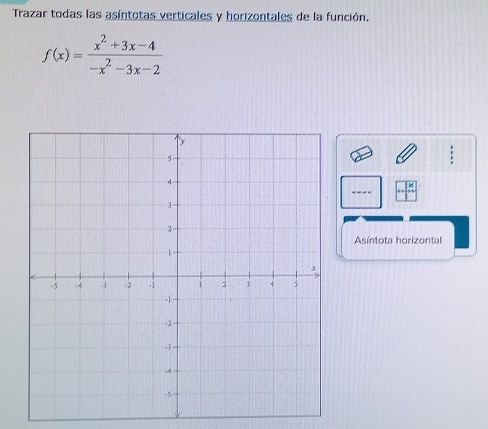 Trazar todas las asíntotas verticales y horizontales de la función.
f(x)= (x^2+3x-4)/-x^2-3x-2 
_ 
Asíntota horizontal