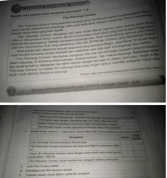 Asesmen Kompetensi Minimum
Bacalah teks berikut untuk menjawab soal nomor 1-5!
Film Keluarga Cemara
Film ''Keluarga Cemara'' merupakan film keluarga yang memiliki plot cerita menghangatkan namun
tetap memiliki selera humor yang tinggi, baik untuk anak-anak maupun orang tua. Film ini terkandur
Film ''Keluarga Cemara'' diadaptasi dari layar serial televisi populer yang tayang pada tahun
banyak cerita hidup yang bisa dipetik.
1990-an. Disutradarai Yandy Laurens, film ini menceritakan kisan Abah yang diperankan Ringgo Agus
Rahman dan keluarganya. Setelah mengalami kebangkrutan. Abah memindahkan istrinya yakni Ninna
Zubir dan dua putrinya, Euis yang diperankan Zara eks JKT48 dan Cemara yang diperankan Widun
Abah pindah dari Jakarta ke sebuah desa kecil yang berada di Bogor, Jawa Barat Di situlah Abah
mulai kembali berjuang secara finansial dan melakukan apa saja agar keluarganya bisa makan
Film ''Keluarga Cemara' membahas mengenai nılaı-nılaı dan berbagai masalah yang terdapat d
dalam keluarga, di antaranya kebersamaan, kesederhanaan, dan makna keluarga. Beberapa centa
dari serial terdahulu diadaptasi dan lebih relevan dengan era saat ini dalam versi baru. Kisah di film
''Keluarga Cemara'' ini adalah film keluarga khas yang ringan namun memiliki pelajaran hidup yan
Sumber: https://penerbitbukudeepublish.com/maten/teks-ulasan/
layak untuk ditonton bersama keluarga.
14 Bahasa Indonesia Kelas VIII untuk SMP/MTs Semester Genap - BJN
Sikap yang dapát diteladani dalam isi ulasan di atas adalah
(Pilihan jawaban dapat lebih da
2. Berilah tanda centang (√) pada kolom Sesuai atau Tidak Sesuai berasan berkut!
3. Judul film di atas adalah
4. Sutradara dari film tersebut adalah ....
5. Tuliskan pesan moral dalam cerita film tersebut!