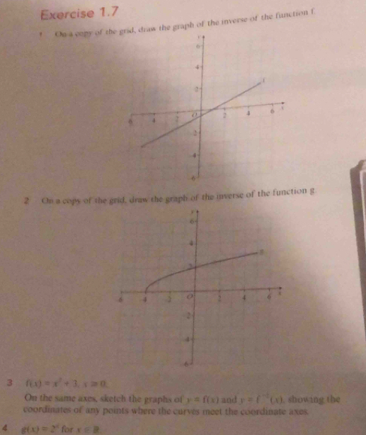 ? On a copy of theaw the graph of the inverse of the function f
2 On a cops of the grid, draw the graph of the inverse of the function g
3 f(x)=x^2+3, s≥slant 0
On the same axes, sketch the graphs of y=f(x) and y=f^(-1)(x). showing the 
coordinates of any points where the curves meet the coordinate axes. 
4 g(x)=2^x for x∈ B