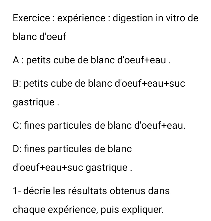 Exercice : expérience : digestion in vitro de
blanc d'oeuf
A : petits cube de blanc d'oeuf+eau .
B: petits cube de blanc d'oeuf+eau+suc
gastrique .
C: fines particules de blanc d'oeuf+eau.
D: fines particules de blanc
d'oeuf+eau+suc gastrique .
1- décrie les résultats obtenus dans
chaque expérience, puis expliquer.