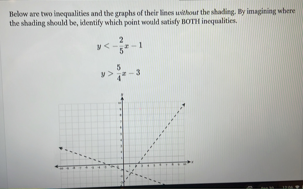 Below are two inequalities and the graphs of their lines without the shading. By imagining where
the shading should be, identify which point would satisfy BOTH inequalities.
y<- 2/5 x-1
y> 5/4 x-3