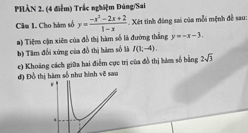 PHÀN 2. (4 điểm) Trắc nghiệm Đúng/Sai 
Câu 1. Cho hàm số y= (-x^2-2x+2)/1-x . Xét tính đúng sai của mỗi mệnh đề sau: 
a) Tiệm cận xiên của đồ thị hàm số là đường thắng y=-x-3. 
b) Tâm đối xứng của đồ thị hàm số là I(1;-4). 
c) Khoảng cách giữa hai điểm cực trị của đồ thị hàm số bằng 2sqrt(3)
d) Đồ thị hàm số như hình vẽ sau 
6