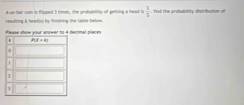 A un-fair coin is flipped 3 times, the probabillity of getting a head is  1/5 . find the probability distribution of
resulting & head(s) by finishing the table below.
Please show your answer to 4 decimal places