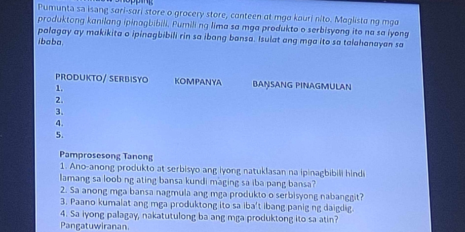 Pumunta sa isang sari-sari store o grocery store, canteen at mgø kauri nito. Maglista ng mga 
produktong kanilang ipinagbibili. Pumili ng lima sa mga produkto o serbisyong ito na sa iyong 
palagay ay makikita o ipinagbibili rin sa ibang bansa. Isulat ang mga ito sa talahanayan sa 
ibaba 
PRODUktO/ SErBisYo KOMPANYA BANSANG PINAGMULAN 
1. 
2. 
3. 
4. 
5. 
Pamprosesong Tanong 
1. Ano-anong produkto at serbisyo ang iyong natuklasan na ipinagbibili hindi 
lamang sa loob ng ating bansa kundi maging sa iba pang bansa? 
2. Sa anong mga bansa nagmula ang mga produkto o serbisyong nabanggit? 
3. Paano kumalat ang mga produktong ito sa iba't ibang panig ng daigdig. 
4. Sa iyong palagay, nakatutulong ba ang mga produktong ito sa atin? 
Pangatuwiranan.