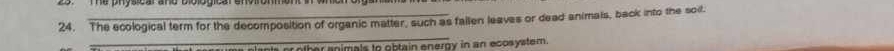 The ecological term for the decomposition of organic matter, such as fallen leaves or dead animals, back into the soil. 
_ 
nimals to obtain energy in an ecosystem .