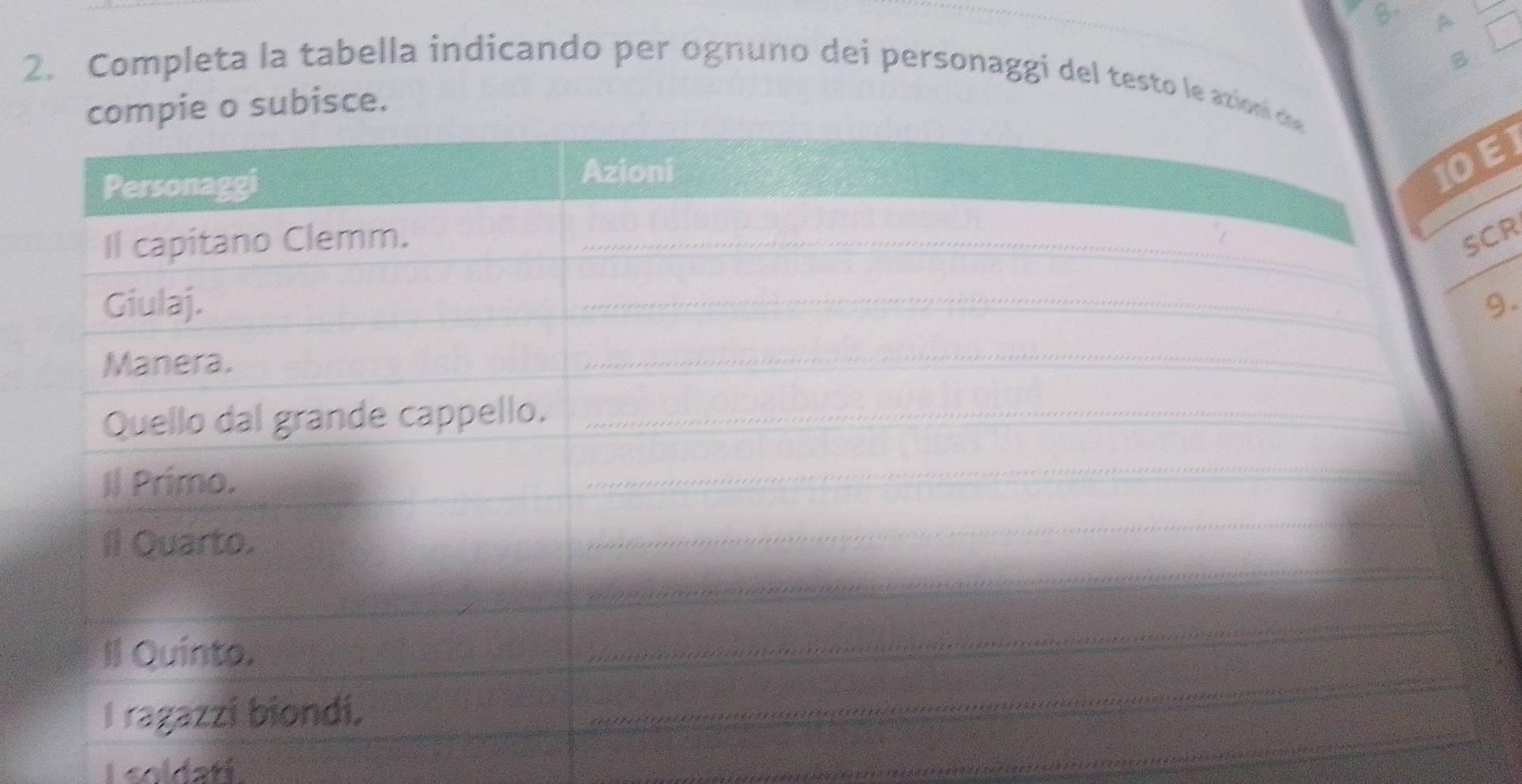 A 
B 
2. Completa la tabella indicando per ognuno dei personaggi del testo le azioní 
pie o subisce. 
EI 
CR 
9. 
_ 
I soldati. 
_ 
_