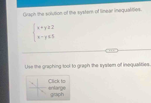 Graph the solution of the system of linear inequalities.
beginarrayl x+y≥ 2 x-y≤ 5endarray.
Use the graphing tool to graph the system of inequalities. 
Click to 
enlarge 
graph