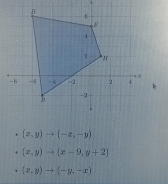 (x,y)to (-x,-y)
(x,y)to (x-9,y+2)
(x,y)to (-y,-x)