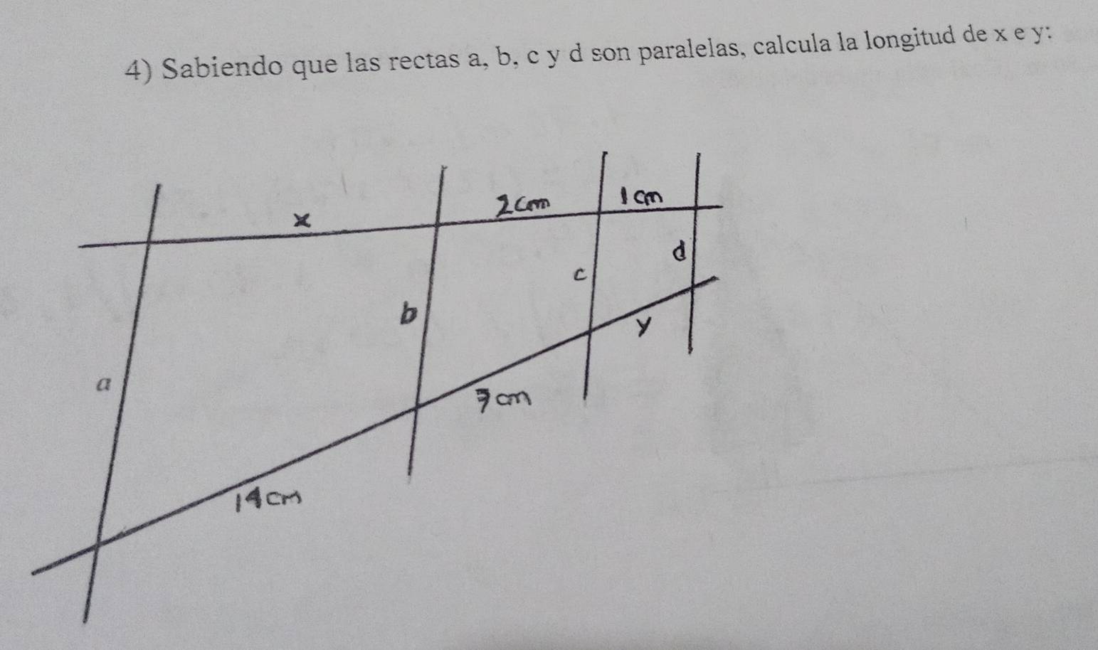 Sabiendo que las rectas a, b, c y d son paralelas, calcula la longitud de x e y :