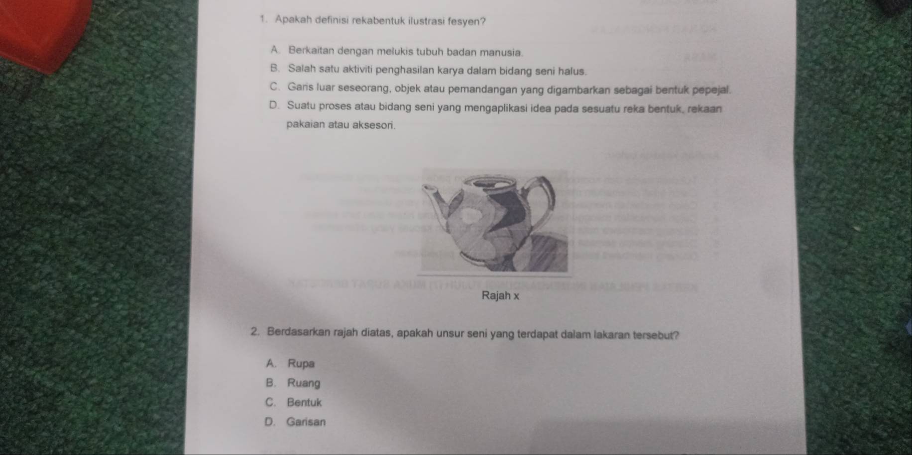 Apakah definisi rekabentuk ilustrasi fesyen?
A. Berkaitan dengan melukis tubuh badan manusia.
B. Salah satu aktiviti penghasilan karya dalam bidang seni halus.
C. Garis luar seseorang, objek atau pemandangan yang digambarkan sebagai bentuk pepejal.
D. Suatu proses atau bidang seni yang mengaplikasi idea pada sesuatu reka bentuk, rekaan
pakaian atau aksesori.
Rajah x
2. Berdasarkan rajah diatas, apakah unsur seni yang terdapat dalam lakaran tersebut?
A. Rupa
B. Ruang
C. Bentuk
D. Garisan