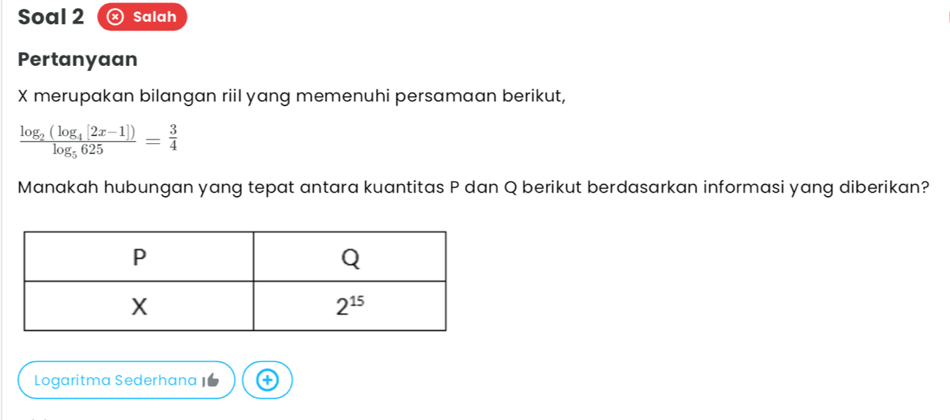 Soal 2 Salah
Pertanyaan
X merupakan bilangan riil yang memenuhi persamaan berikut,
frac log _2(log _4[2x-1])log _5625= 3/4 
Manakah hubungan yang tepat antara kuantitas P dan Q berikut berdasarkan informasi yang diberikan?
Logaritma Sederhana