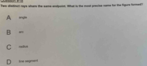 Two distinct rays share the same endpoint. What is the most precise name for the figure formed?
A angle
B arc
C radius
line segment