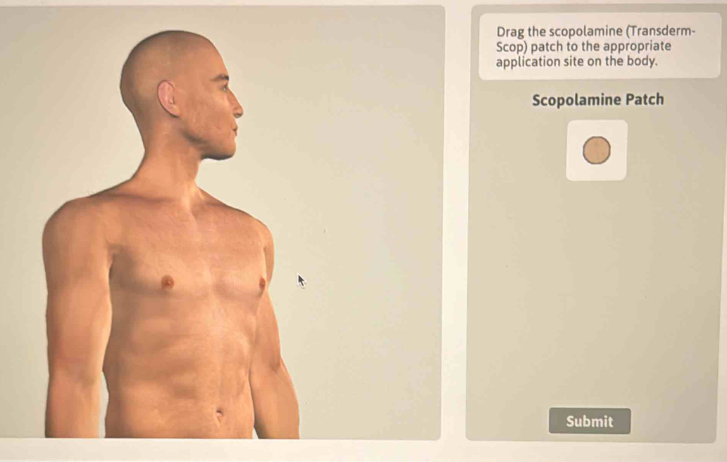 Drag the scopolamine (Transderm- 
Scop) patch to the appropriate 
application site on the body. 
Scopolamine Patch 
Submit