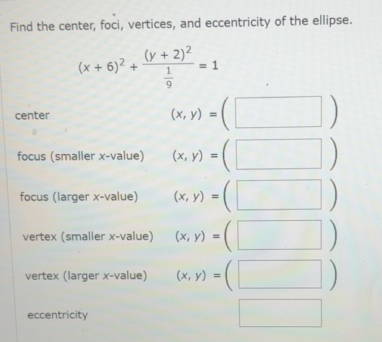 Solved: Find the center, foci, vertices, and eccentricity of the ...