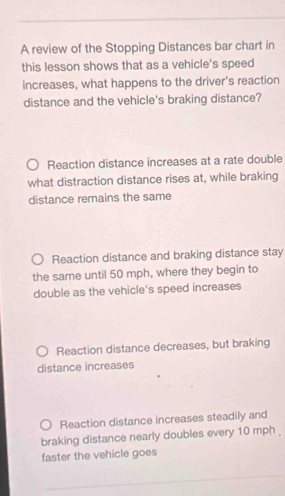 Solved: A review of the Stopping Distances bar chart in this lesson ...