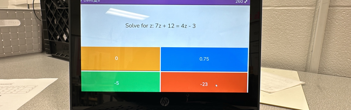 260 
Solve for z : 7z+12=4z-3