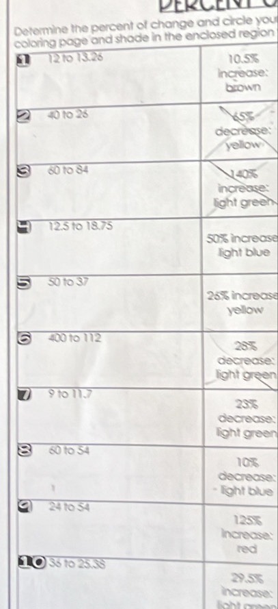 Determine the percent of change and circle you 
colgion
5%
ase: 
wn 
ase: 
ow
%
ase: 
reeh 
rease 
blue 
rease 
ow
%
ease: 
reen
%
ease: 
green
%
ease: 
blue

5%
ase: 
d 
1
5%
increase:
