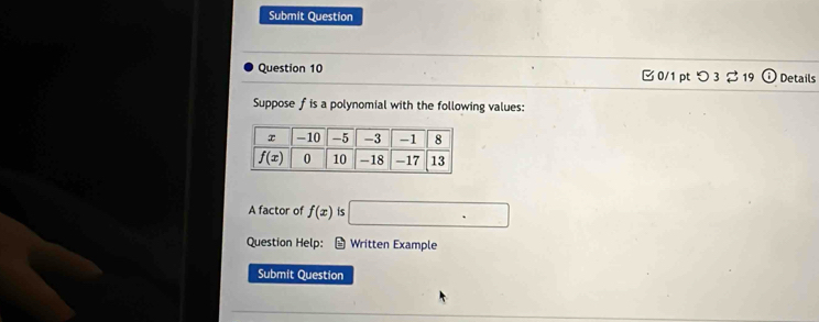 Submit Question
Question 10 □ 0/1 pt つ 3 %19 Details
Suppose f is a polynomial with the following values:
A factor of f(x) is □
Question Help: = Written Example
Submit Question