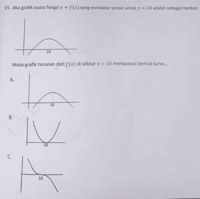 Jika grafik suatu fungsi y=f(x) yang mendatar sesaat untuk x=10 adalah sebagai berikut: 
Maka grafik turunan dari f(x) di sekitar x=10 mempunyai bentuk kurva... 
A. 
B.
10
C.