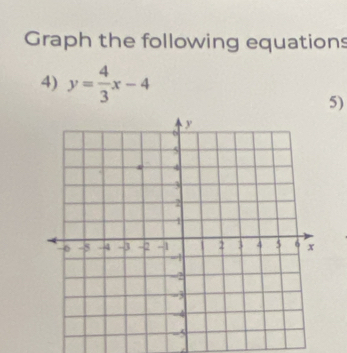 Graph the following equations 
4) y= 4/3 x-4
5)