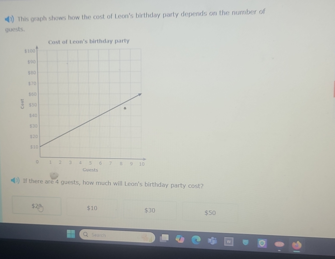 This graph shows how the cost of Leon's birthday party depends on the number of
guests.
s
If there are 4 guests, how much will Leon's birthday party cost?
$2m $10
$30 $50
Search