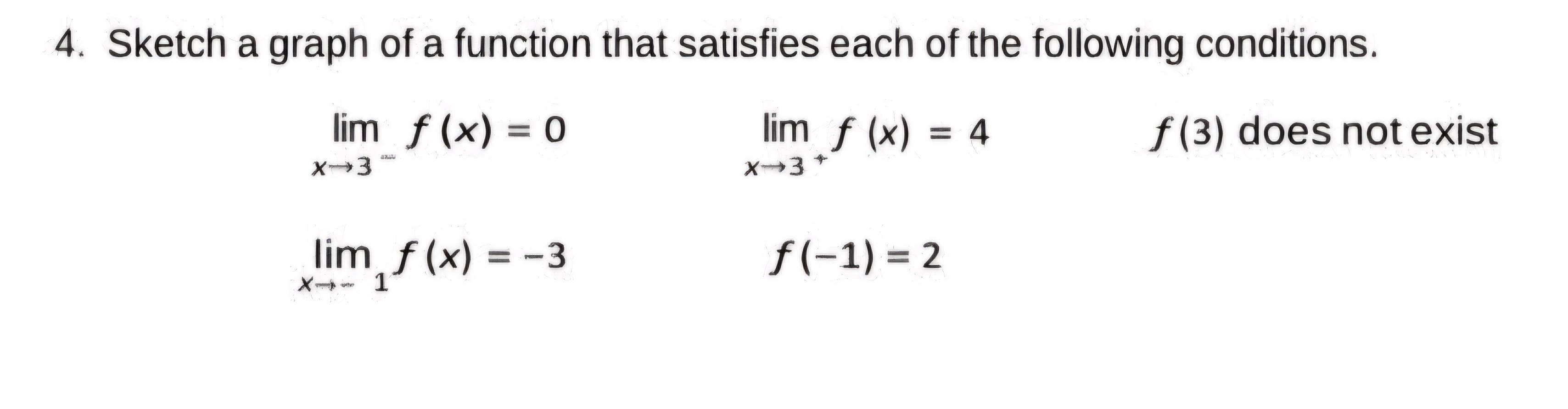 Sketch a graph of a function that satisfies each of the following conditions.
limlimits _xto 3^-f(x)=0
limlimits _xto 3^+f(x)=4
f(3) does not exist
limlimits _xto -1f(x)=-3
f(-1)=2