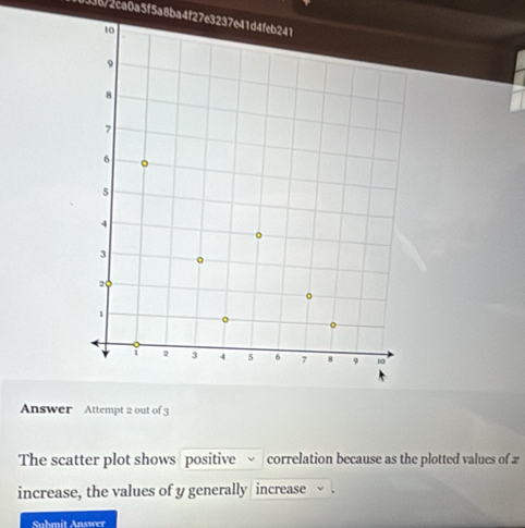 338/2ca0a5f5a8ba4f27e3237e41d4feb241 
Answer Attempt 2 out of 3 
The scatter plot shows positive √ correlation because as the plotted values of £
increase, the values of y generally increase 
Suhmit Answer