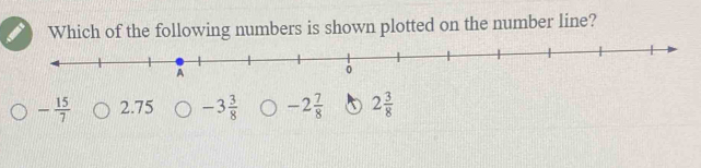 numbers is shown plotted on the number line?
- 15/7  2.75 -3 3/8  -2 7/8  2 3/8 