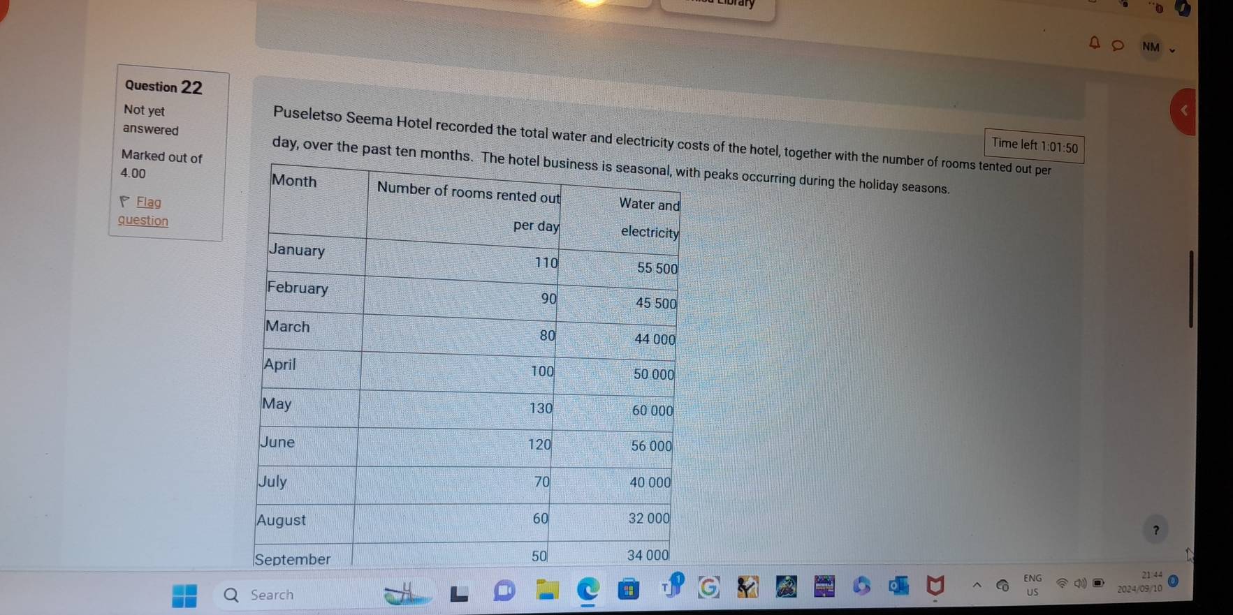 NM 
Question 22 
Not yet 
Puseletso Seema Hotel recorded the total water and electricity costs of the hotel, together with the number of rooms tented out per 
Time left 1:01:50 
Marked out of 
answered day, over the past ten m peaks occurring during the holiday seasons. 
4.00 
Flag 
question 
? 
Search 2024/09/10