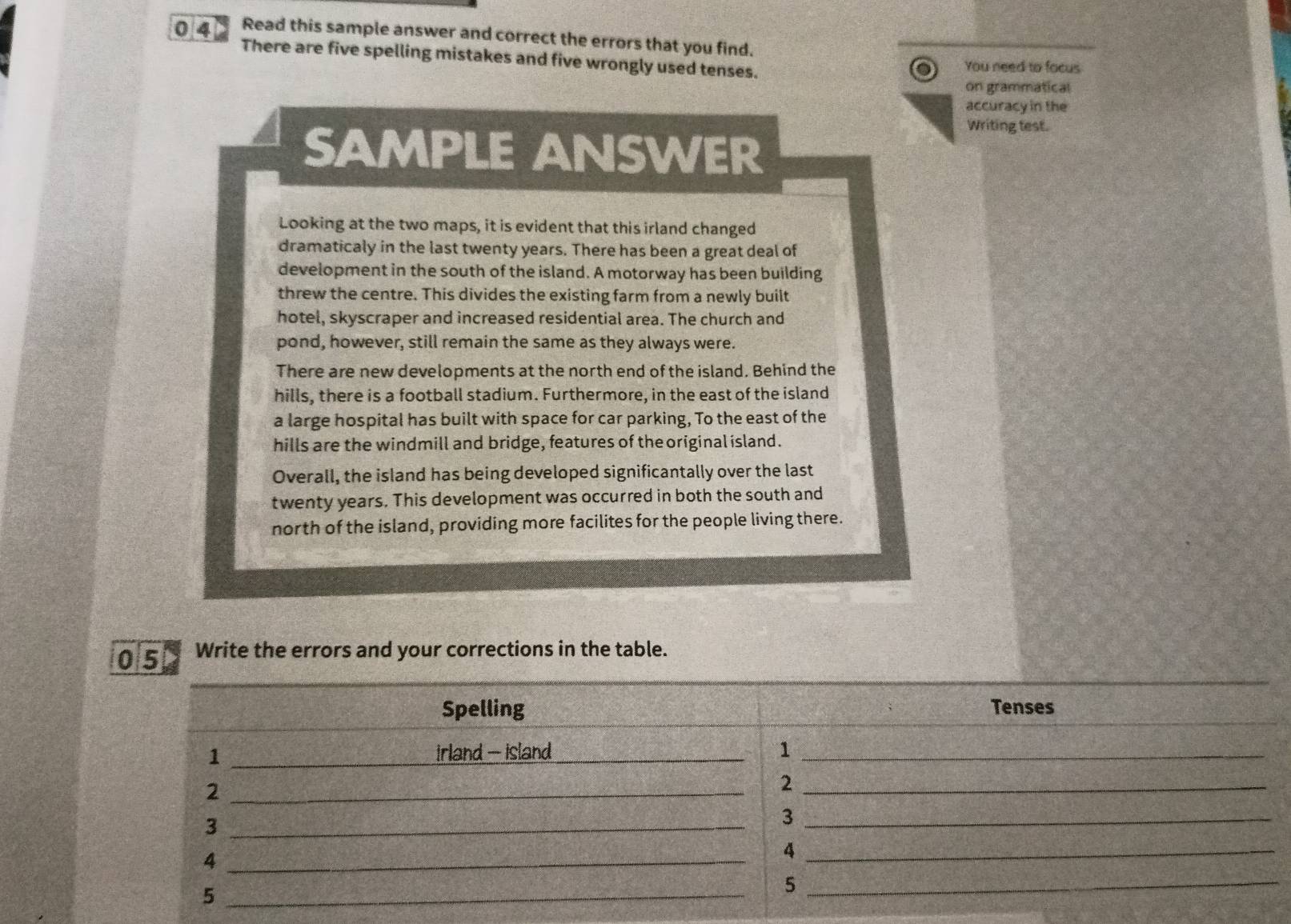 Read this sample answer and correct the errors that you find. 
There are five spelling mistakes and five wrongly used tenses. 
o You need to focus 
on grammatical 
accuracy in the 
Writing test. 
SAMPLE ANSWER 
Looking at the two maps, it is evident that this irland changed 
dramaticaly in the last twenty years. There has been a great deal of 
development in the south of the island. A motorway has been building 
threw the centre. This divides the existing farm from a newly built 
hotel, skyscraper and increased residential area. The church and 
pond, however, still remain the same as they always were. 
There are new developments at the north end of the island. Behind the 
hills, there is a football stadium. Furthermore, in the east of the island 
a large hospital has built with space for car parking, To the east of the 
hills are the windmill and bridge, features of the original island. 
Overall, the island has being developed significantally over the last 
twenty years. This development was occurred in both the south and 
north of the island, providing more facilites for the people living there. 
05 Write the errors and your corrections in the table.