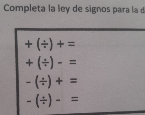 Completa la ley de signos para la d
+(/ )+=
+(/ )-=
-(/ )+=
-(/ )-=