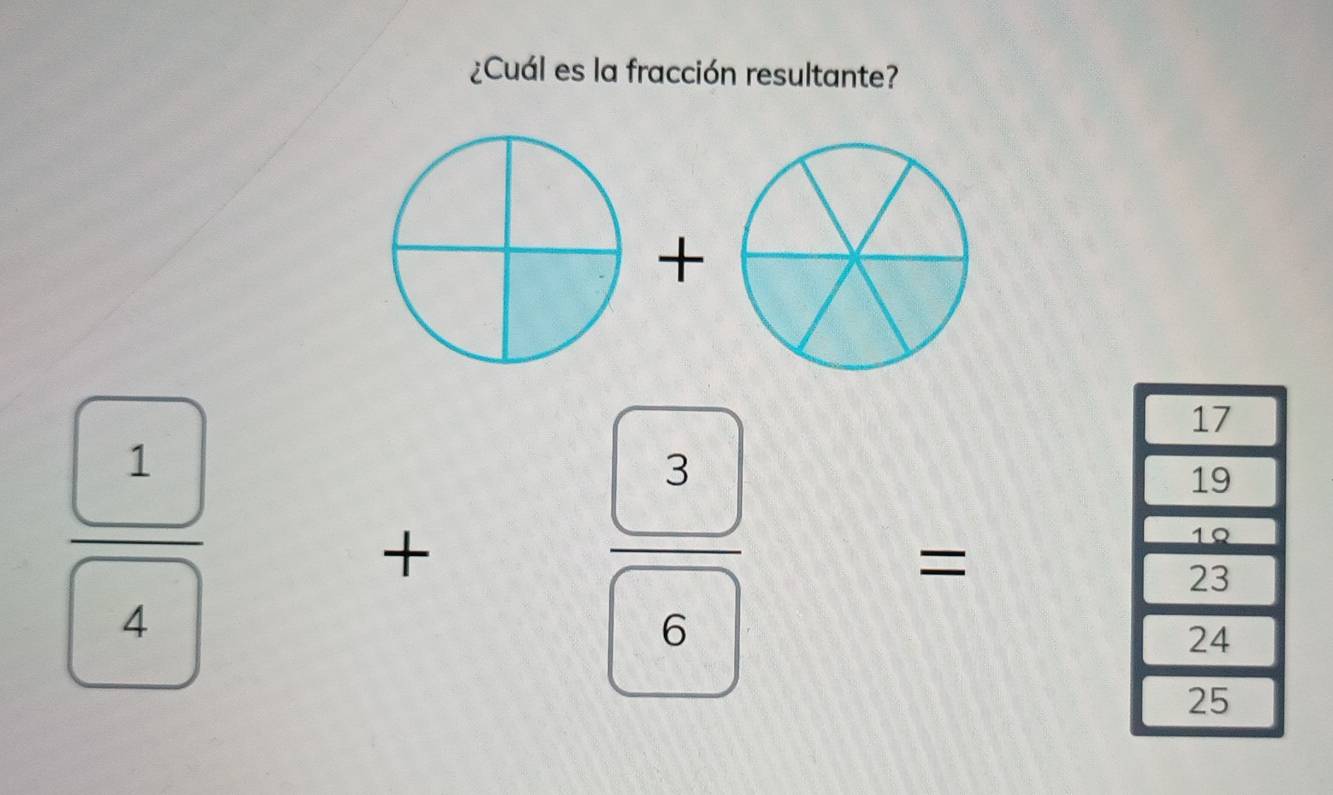 ¿Cuál es la fracción resultante?
□ +□
 1/4  +frac  3 6=frac 
□ 