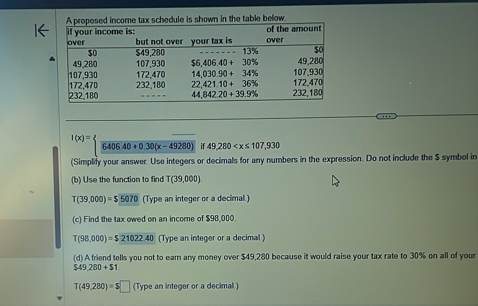 hown in the table below.
1←
I(x)=beginarrayl _  6406.40+0.30(x-49280)endarray. if 49,280
(Simplify your answer. Use integers or decimals for any numbers in the expression. Do not include the $ symbol in
(b) Use the function to find T(39,000).
T(39,000)=$5070 (Type an integer or a decimal.)
(c) Find the tax owed on an income of $98,000.
T(98,000)=$21022.40 (Type an integer or a decimal.)
(d) A friend tells you not to earn any money over $49,280 because it would raise your tax rate to 30% on all of your
$49,280+$1.
T(49,280)=$□ (Type an integer or a decimal.)