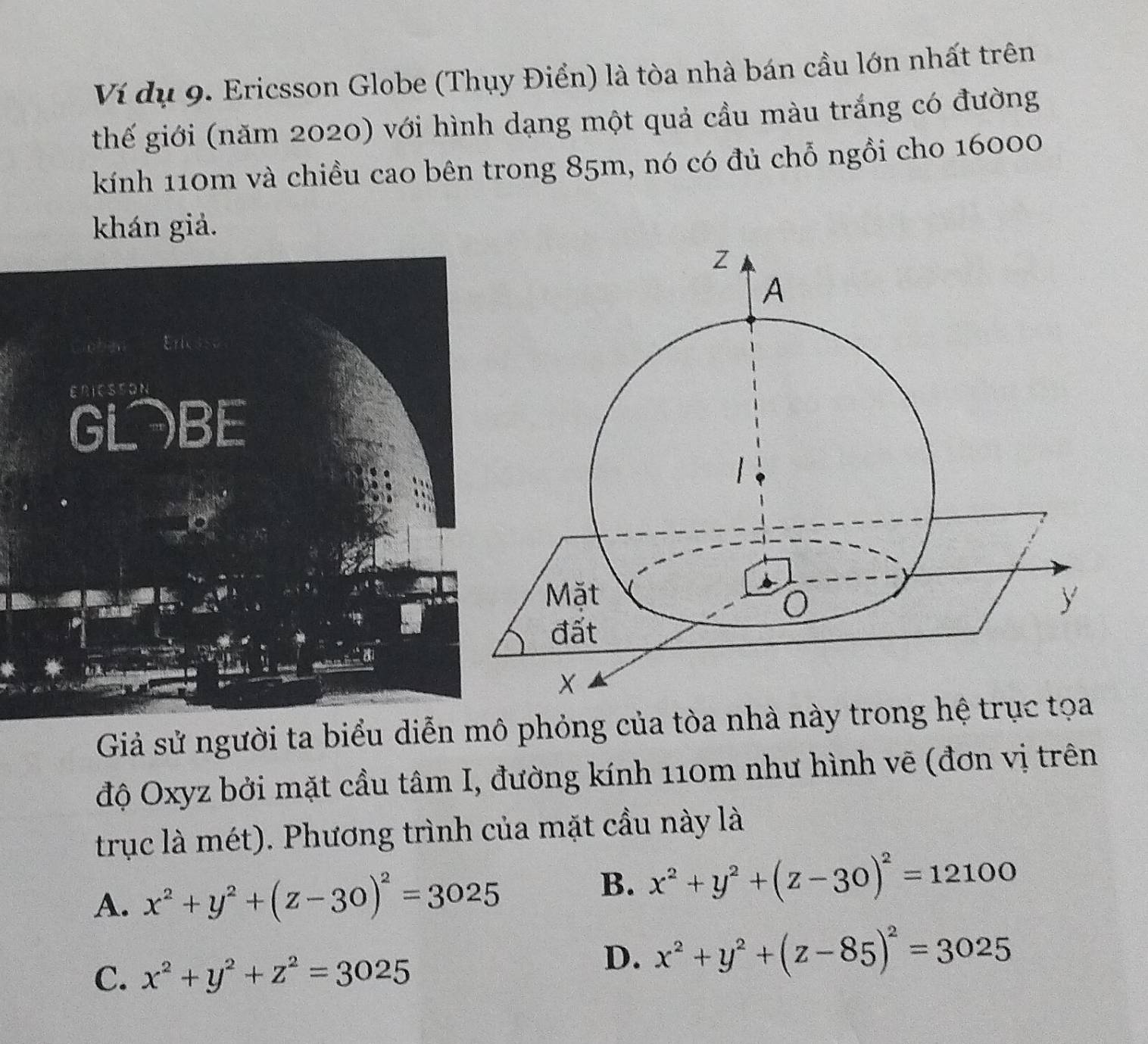 Ví dụ 9. Ericsson Globe (Thụy Điển) là tòa nhà bán cầu lớn nhất trên
thế giới (năm 2020) với hình dạng một quả cầu màu trắng có đường
kính 110m và chiều cao bên trong 85m, nó có đủ chỗ ngồi cho 16000
khán giả.
Z
A
ERICSSON
GLBE
Mặt y
đất
X
Giả sử người ta biểu diễn mô phỏng của tòa nhà này trong hệ trục tọa
độ Oxyz bởi mặt cầu tâm I, đường kính 110m như hình vẽ (đơn vị trên
trục là mét). Phương trình của mặt cầu này là
A. x^2+y^2+(z-30)^2=3025
B. x^2+y^2+(z-30)^2=12100
C. x^2+y^2+z^2=3025
D. x^2+y^2+(z-85)^2=3025