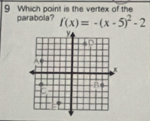 Which point is the vertex of the 
parabola? f(x)=-(x-5)^2-2