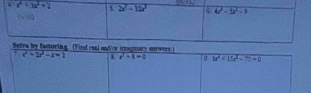 c^2+2c^2-x=2
8. x^3+8=0 9 3x^4+15x^2-72=0