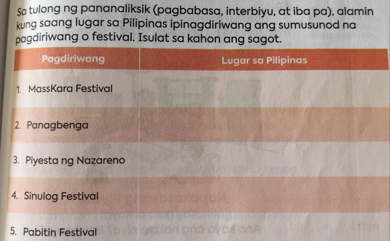 Sa tulong ng pananaliksik (pagbabasa, interbiyu, at iba pa), alamin 
kung saang lugar sa Pilipinas ipinagdiriwang ang sumusunod na 
agdiriwang o festival. Isulat sa kahon ang sagot. 
5. Pabitin Festival