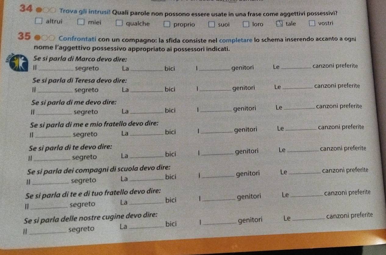 34 ●○○ Trova gli intrusi! Quali parole non possono essere usate in una frase come aggettivi possessivi?
altrui miei qualche proprio suoi loro tale vostri
35 Confrontati con un compagno: la sfida consiste nel completare lo schema inserendo accanto a ogni
nome l’aggettivo possessivo appropriato ai possessori indicati.
Se si parla di Marco devo dire:
_segreto La_ bici |_ genitori Le _canzoni preferite
Se si parla di Teresa devo dire:
_segreto La _bici |_ genitori Le _canzoni preferite
Se sì parla dì me devo dire:
H _segreto La_ bici | _genitori Le_
canzoni preferite
Se si parla di me e mio fratello devo dire:
_segreto La _bici |_ genitori Le _canzoni preferite
Se si parla di te devo dire:
1 _segreto La __genitori Le _canzoni preferite
bici 1 
Se si parla dei compagni di scuola devo dire:
_segreto La_ _genitori Le _canzoni preferite
bici
Se si parla di te e di tuo fratello devo dire:
_segreto La_ |_ genitori Le _canzoni preferite
bici
Se si parla delle nostre cugine devo dire:
1 _segreto La _bici _genitori Le_ canzoni preferite