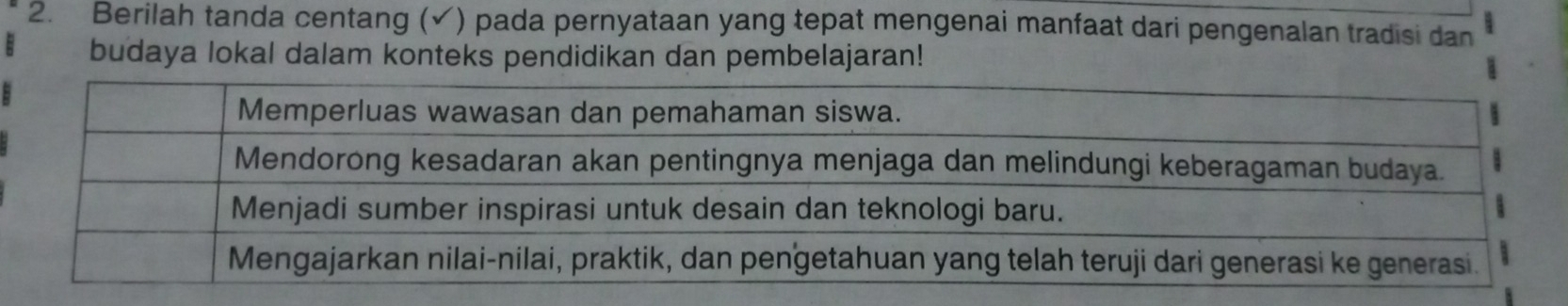 Berilah tanda centang (✓) pada pernyataan yang tepat mengenai manfaat dari pengenalan tradisi dan 
budaya lokal dalam konteks pendidikan dan pembelajaran!