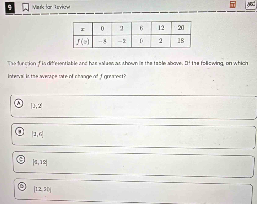 for Review
The functionf is differentiable and has values as shown in the table above. Of the following, on which
interval is the average rate of change of f greatest?
A [0,2]
B [2,6]
C [6,12]
[12,20]