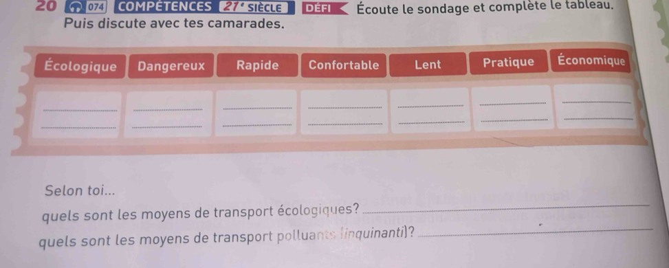 20 074 COMPETENCES 21° siècle défi Écoute le sondage et complète le tableau. 
Puis discute avec tes camarades. 
Selon toi... 
quels sont les moyens de transport écologiques? 
_ 
quels sont les moyens de transport polluants (inquinanti)?_