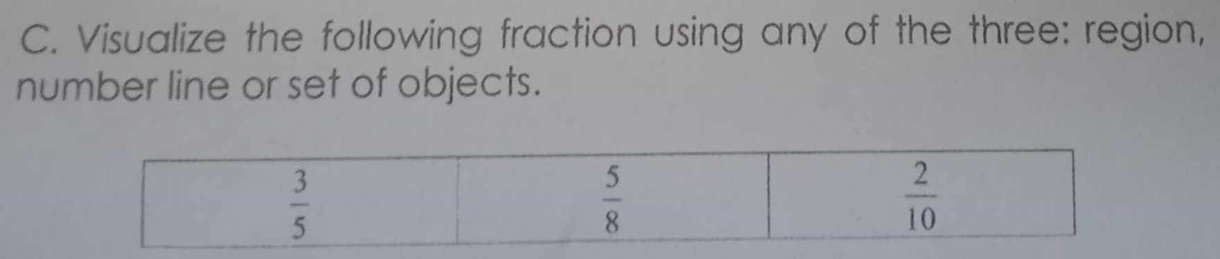 Visualize the following fraction using any of the three: region,
number line or set of objects.