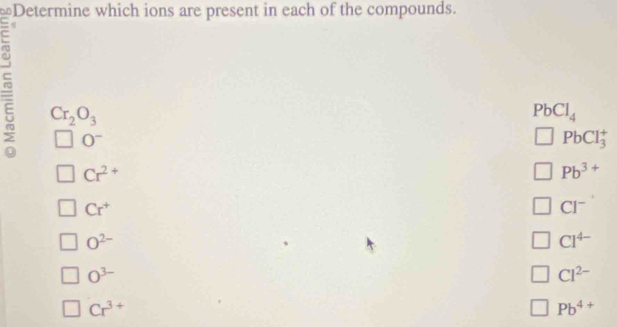 Determine which ions are present in each of the compounds.
=
5 Cr_2O_3
PbCl_4
0^-
PbCl_3^(+
Cr^2+)
Pb^(3+)
Cr^+
CI^-
O^(2-)
Cl^(4-)
0^(3-)
Cl^(2-)
Cr^(3+)
Pb^(4+)