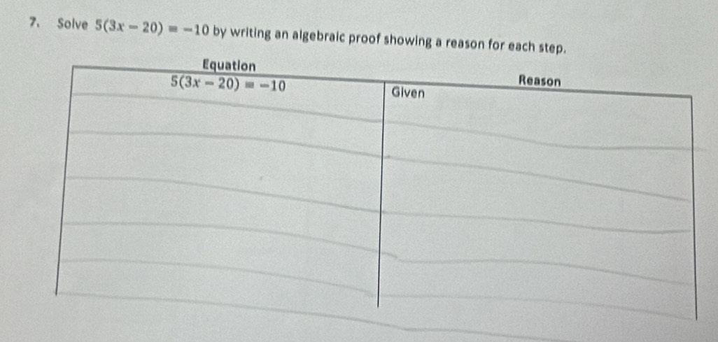 Solve 5(3x-20)=-10 by writing an algebraic proof showing a reason for each ste.