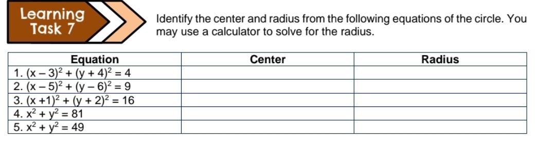 Learning Identify the center and radius from the following equations of the circle. You
Task 7 may use a calculator to solve for the radius.